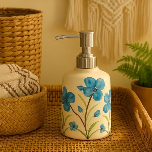 Image of Ceramic Soap Dispenser 330ml (Set of 1) | Multipurpose Liquid Soap, Lotion & Hand Wash Pump Bottle for Bathroom & Kitchen | Blue & White Flower Design