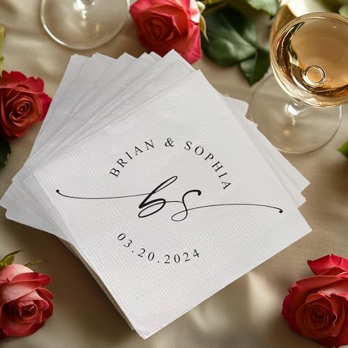 Image of Personalized Cocktail Napkins Wedding, Monogrammed Name Couple, Pack 50 100 150 300 500 Anniversary Party, Disposable Decoration Initials Beverage Bar Reception Cocktail Luncheon Dinner, Golden 5