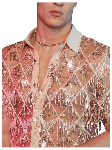 WDIRARA Men's Sequin Decor Fringe Button Front Shirts Short Sleeve Sheer Party T Shirt4