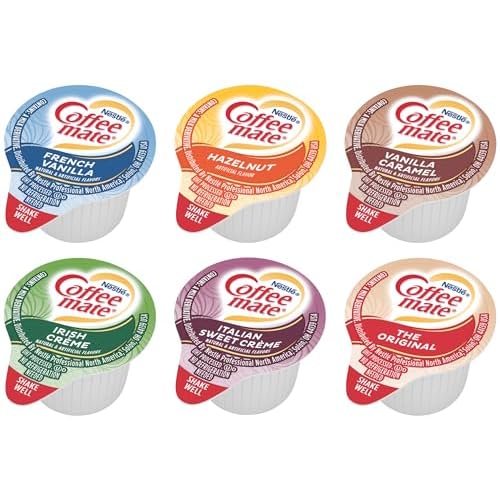 Nestle Coffee mate Liquid Creamer Singles Variety Pack, Original, French Vanilla, Hazelnut, Irish Crème, Italian Sweet Crème, Vanilla Caramel, 6 flavors x 30 ct, 180/Box