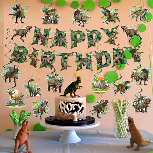 Image of Hooqict Happy Birthday Banner Dinosaur Birthday Decorations with 15Pcs Dinosaur Hanging Swirl Ceiling Streamers for Kids Boys Jungle Safari Green Dino Themed Party Decorations Supplies