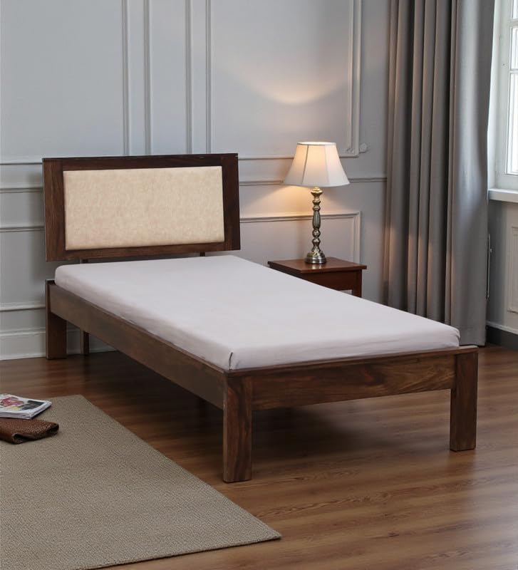 Image of Solid Sheesham Wood Pearl Single Bed Without Storage | Wooden Single Bed Cot Palang Furniture for Bedroom Living Room Home and Hotel (Provincial Teak Finish)