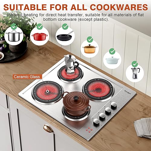 Electric Cooktop 4 Burner - 24 Inch Stainless Steel Electric Stove Top 220V, 5200W Bulit- in Electric Cooktop with 4 Ceramic Hot Plate, Overheat Protection, Knob Control, 220-240V (No Plug)