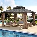 LUE BONA 12x14 Hardtop Gazebo, Galvanized Steel Double Roof Permanent Gazebo Pavilion with Wood-Like Aluminum Frame, Outdoor Metal Gazebo Canopy with Nettings and Curtains for Deck, Patio, Backyard