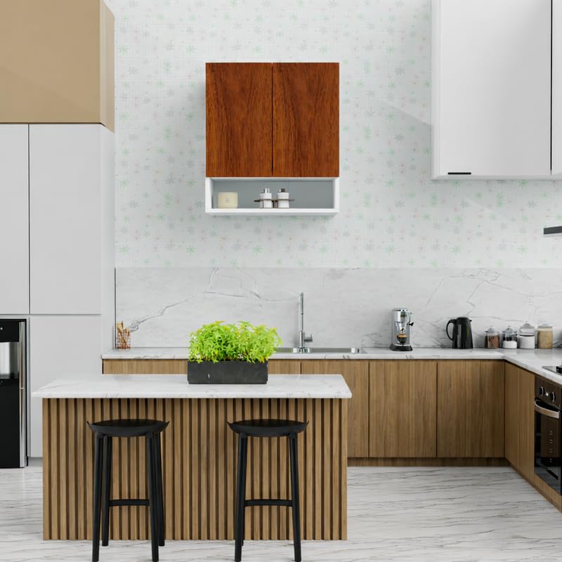 Image of 2 Door Multipurpose Wall Mounted Cabinet with Adjustable & Fixed Shelf | Storage for Kitchen, Bathroom, Office & Living Room | Assembly-DIY | Color-White & Cherry Pine | Size-60x33x63.8 Cm