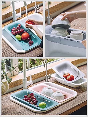Image of Sink Colanders and Strainers Basket Retractable Plastic Fruit Vegetable Strainer Drainer Basket for Kitchen (Length 14.3 inch-19.4 inch) (Green)