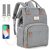 Diaper Bag Backpack with USB Charging Port and Stroller Straps, Maternity Nappy Bag with Insulated Feeding Bottle Pockets & Changing Pad Pocket, Waterproof Travel Backpack (Grey)