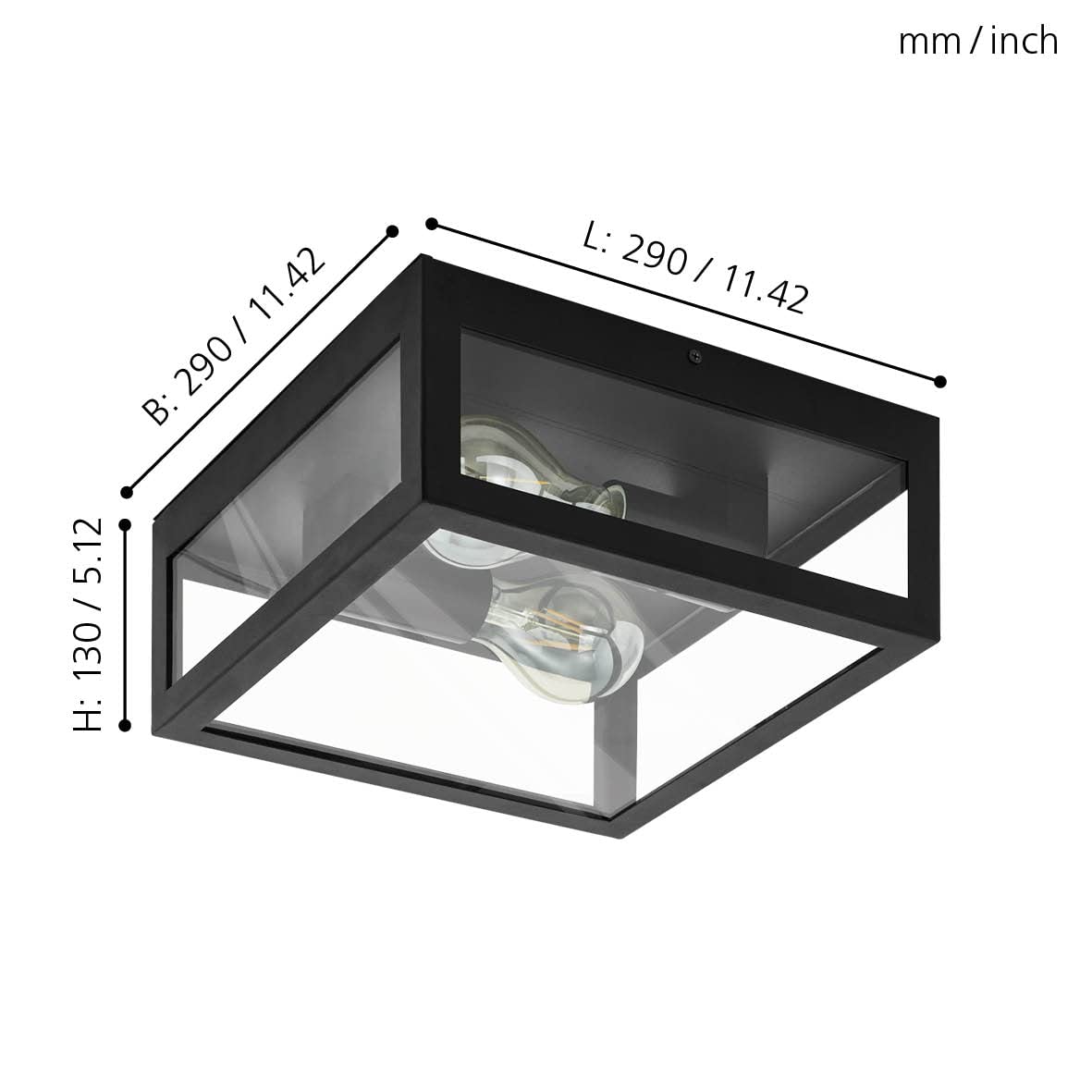 Eglo Amezola Lámpara de techo de 2 focos, aplique de baño estilo industrial, vintage, acero y cristal, negro, transparente, casquillo E27, IP44