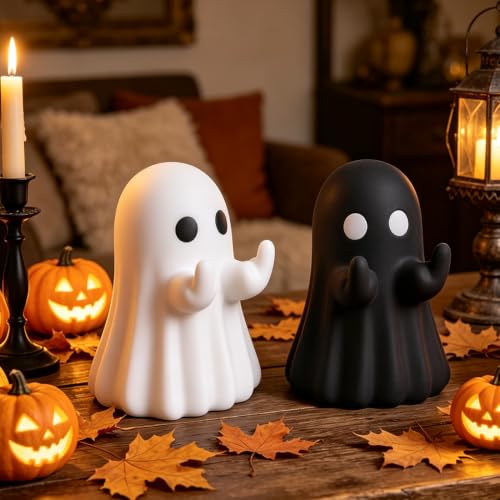 Frekkoy 2pcs Halloween Ghost Figurines, Cute Ghost Halloween Decorations for Tabletop Shelf Mantel Desk, Spooky Fun Holiday Decoration for Home Office Indoor Party - image 1