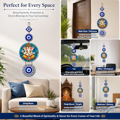 Image of Pack of 2 Owl Evil Eye Wall Hanging Decor, Colorful Wooden Nazar Protection Charm for Home, Entrance & Living Room, Vastu & Feng Shui Hanging (Multicolour) (Prosperity Ganesh)