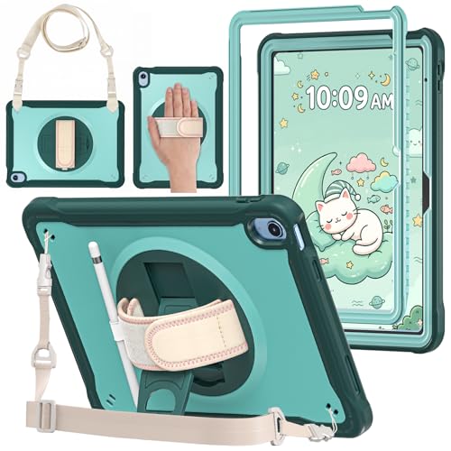 ProCase Kids Case for iPad A16 11th Gen 11" 2025/iPad 10th Gen 10.9" 2022 with Screen Protector, Fully-Body Shockproof Rugged Protective Cover with Rotatale Stand Hand/Shoulder Strap -Green