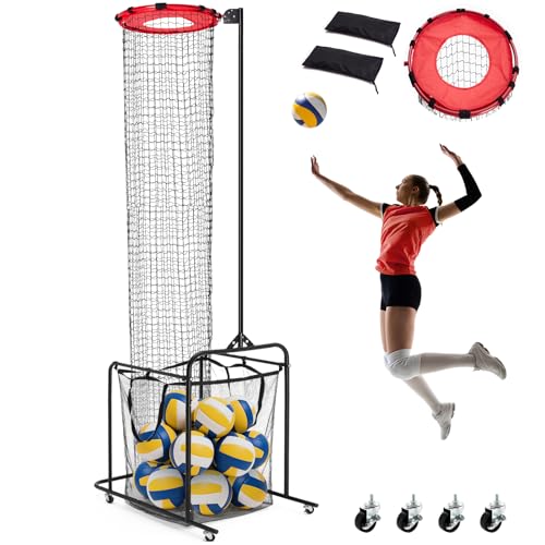 ZEALFEEL Volleyball Setter Training Net 6 Height & 5 Angle Adjustments, Volleyball Setter Training Equipment with Target Cloth Collection Bag 4 Wheels & Sandbag, Setting Trainer for Indoor Outdoor