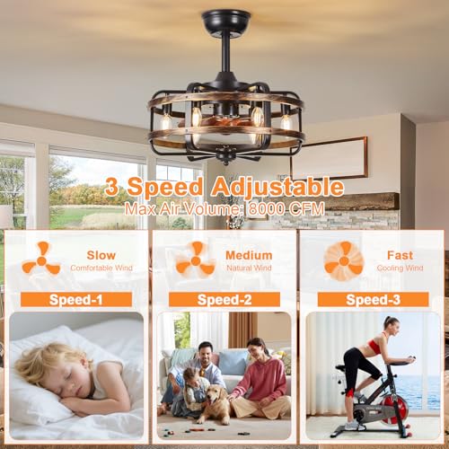 Caged Ceiling Fans with Lights Black Farmhouse 18‘’ Flush Mount Bladeless Rustic Chandeliers Fan Lights with Remote Vintage Reversible Ceiling Fan for Living Room Bedroom Kitchen 6 Light Bulb Base E12