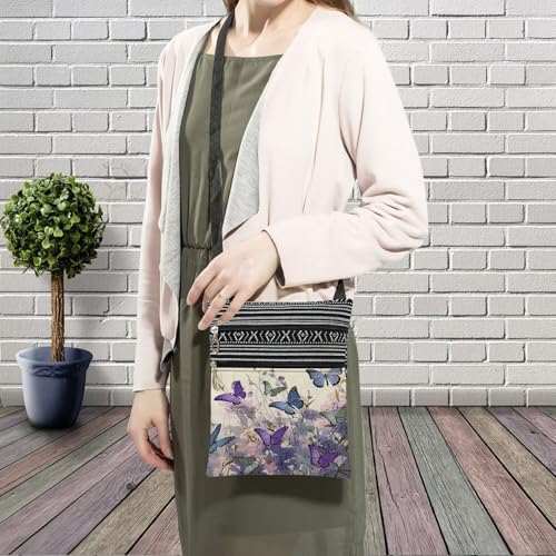 Purple Butterfly Messenger Bag Small Ethnic Pattern Printed Adjustable Strap Crossbody Zipper Bag Purple Butterfly Phone Bag Wallet Cute Shoulder Handbag for Butterfly Lovers Women - Image 4