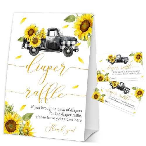 GOLRMC Baby in Bloom Diaper Raffle Tickets for Baby Shower, Sunflower Truck Ice Breaker Games for Gender Reveal, Party Decorations & Supplies-A06