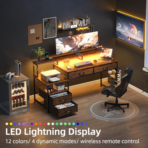 Image of 53 inch Computer Desk with 4 Drawers & Power Outlets, Reversible Home Office Desk with Monitor Stand & Printer Stand, Gaming Desks with Led Lights, Study Writing Work Desks Table for Bedroom, Vintage