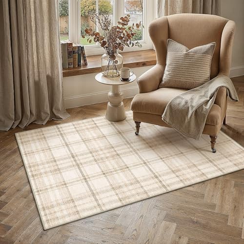 3x5 Beige Area Rug for Entryway Machine Washable Low Pile Checkered Mat Modern Accent Soft Non Slip Small Carpet for Entrance Bathroom Bedroom Indoor