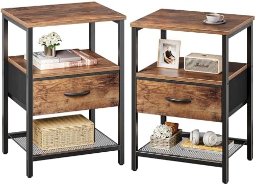 Huuger nightstand set of 2 rustic brown fabric drawer front view