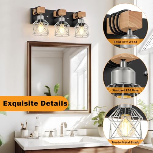 Image of FadimiKoo 3-Light Wood Bathroom Light Fixtures Over Mirror, Rustic Black Silver Famhourse Sconces Wall Decor with Elegant Metal Lampshade for Living Room, Bedroom, Porch