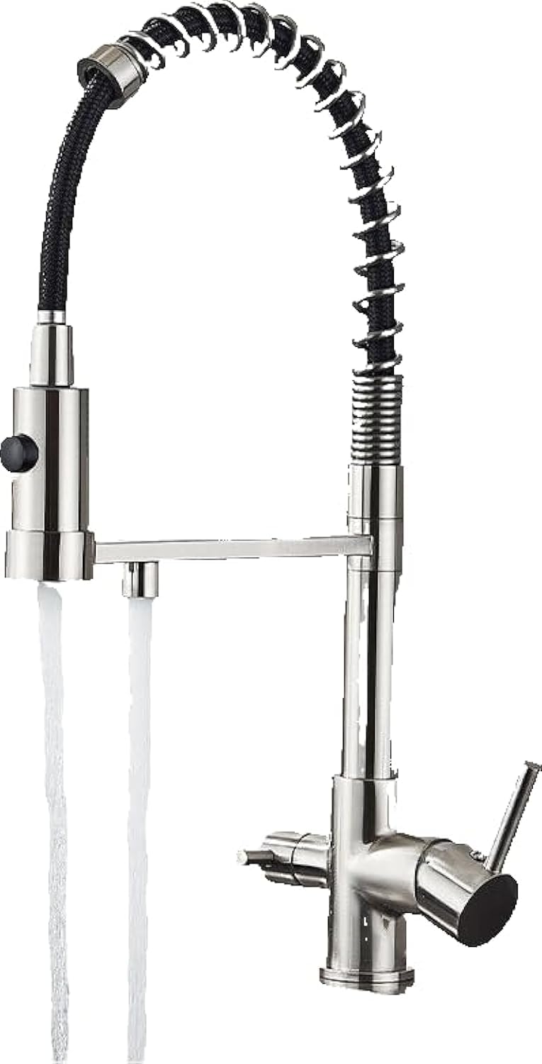 Bernd | Grifo de filtro de 3 vías para gastronomía, plata cepillada, muelle de acero inoxidable, grifo de ósmosis para cocina, grifo mezclador de restaurante giratorio 360°, 2 conexiones