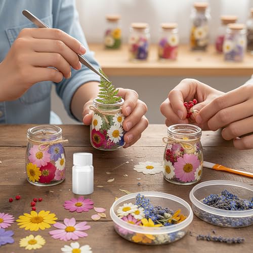 Set de 162 piezas de flores secas y frascos de vidrio con tapón miniatura 6
