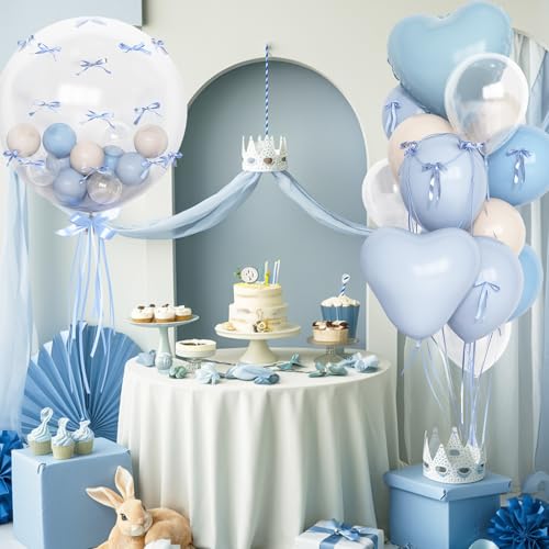 Image of Baby Light Blue Cream Balloons Party Decorations, 20 Inch Bobo Pale Pastel Blue and White Sand Balloons Heart Mylar Shape Balloon, OH Baby Shower Foil Balloon as Boys Girls Birthday Decor