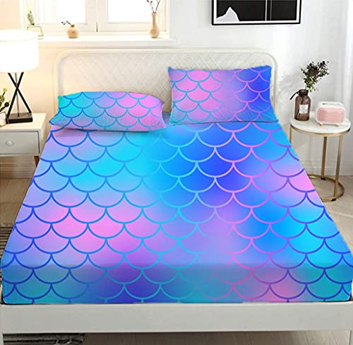 Nsr Mermaid Sheet Sets Twin Size Kids Boys Girls Fish Scale Soft Microfiber Bed Sheet 3D Circles With Pastel Watercolour Rainbow Single Sheets, 2Pcs (1 Deep Pocket Fitted Sheet+1 Pillowcases) #TOP1