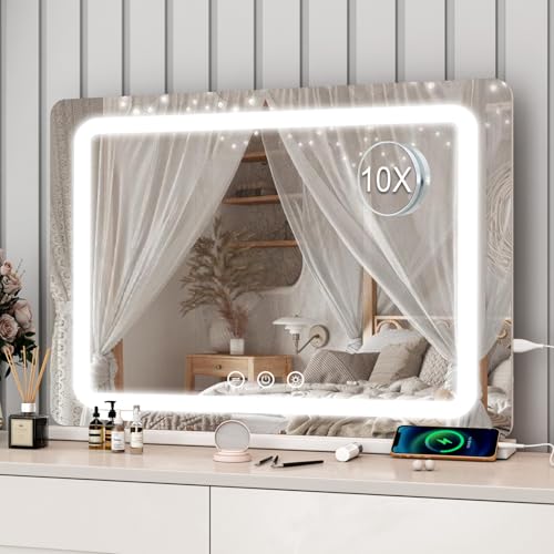 Tarainshen Hollywood Espejo de tocador con iluminación, espejo Hollywood con lámparas y 3 colores de luz, control táctil, puerto de carga USB, placa de Ischplatte o soporte de pared (blanco)