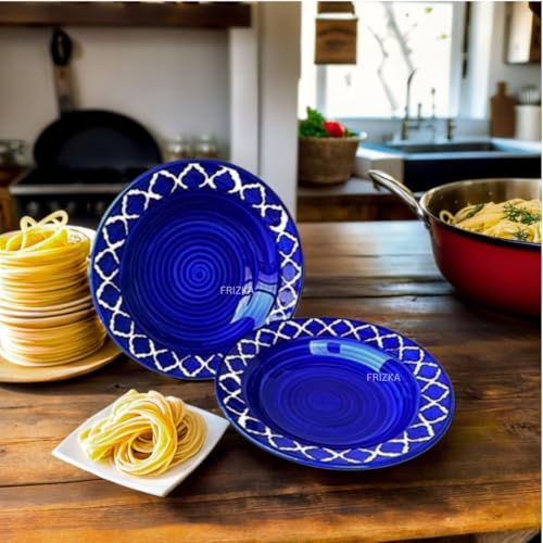 Image of Ceramic Side Plate Blue Moroccan Pasta Plate Serving Plates, Soup Plate for Serving Chowmine, Pasta, Snacks & Breakfast, Set of 2 Big Plates (Microwave & Dishwasher Safe)