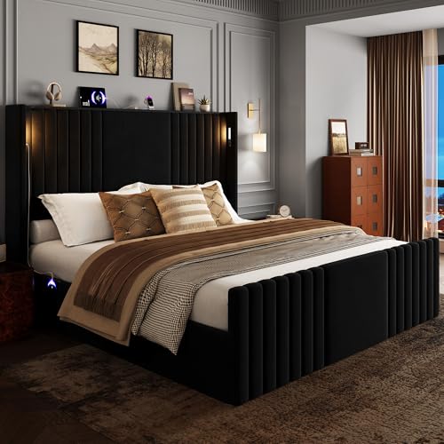 Image of King Size Bed Frame with 55.1 inch Tall Headboard, Velvet Upholstered Platform Bed with Channel Tufted Wingback, 2 Reading Lights /Storage Shelf /Charging Station /Easy Assembly /Noise-Free, Black