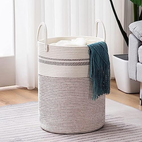 Image of Woven Rope Laundry Hamper Basket, Baby Nursery Hamper For Blanket Storage, Clothes Hamper For Laundry In Bedroom,Hall ( Tall (58L) (15 inchX15 inchX20 inch),(Stripe White))