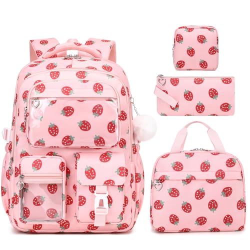 GeeWin Backpacks for Girls 4PCS Girls Backpack with Lunch Box Pencil & Square Pouch Set 17 Inch Waterproof Bookbag for Kids Teens Elementary Middle High College School Student (Pink/Strawberry)