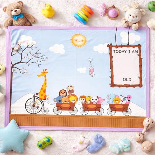 Image of Growth Keepsake Baby Blanket 51 * 43 Inch Monthly Age Marker Blanket Giraffe Train Themed Cartoon Printed Background Washable Foldable Infant Play Mat