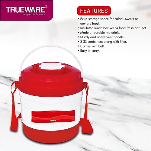 Image of Trueware Marina 3 Lunch Box with 3 Steel Container, 300 ml X 3 Red | PU Insulated | Tiffin | Hot Lunch Box | Leak Proof | Easy to Carry |Food Grade | BPA Free | Office | Outdoors | for Men Women