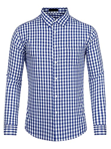 Lars Amadeus Men's Plaid Shirt Button Down Long Sleeves Dress Gingham Checkered Shirts Small Dark Blue White : Clothing, Shoes & Jewelry