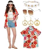 kasahara Costume hippie pour femme, Haut hawaïen, Chemise vintage, Tenue années 80 et 90, Décontracté, Rétro Costume de carnaval (Orange, S)