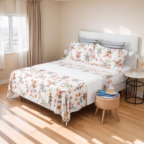 H HANSEL HOME Juego de Sábanas Cama 150cm 4 Piezas 100% Microfibra Transpirable Duradero Ultra Suave - Incluye 1 Encimera, 1 Bajera Ajustable y 2 Fundas de Almohada - Primavera