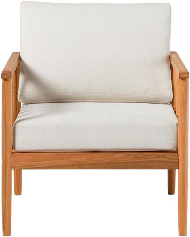 Pemberly Row Outdoor Lounge Chair, Solid Eucalyptus Wood, Natural Finish, Spindle Style with Cushions, Rot-Resistant Durable Patio Chair for Balcony, Poolside, or Backyard Relaxation