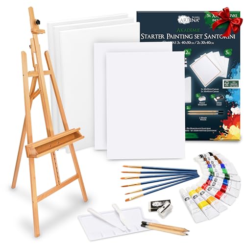 Artina – Kit de pintura 30 piezas con caballete de madera Barcelona + bastidores set Santorini – Set de acrílicos, pinceles y lienzos hasta 120cm, para iniciación y artistas aficionados