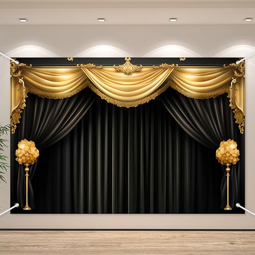 Black Gold Curtain Backdrop Banner Theater Stage Curtain Theme Background Decor for Adults Kids VIP Magic Shows TV Shows Birthday Party Decorations Photo Booth Props Supplies 70.8x47.2in-BECKTEN
