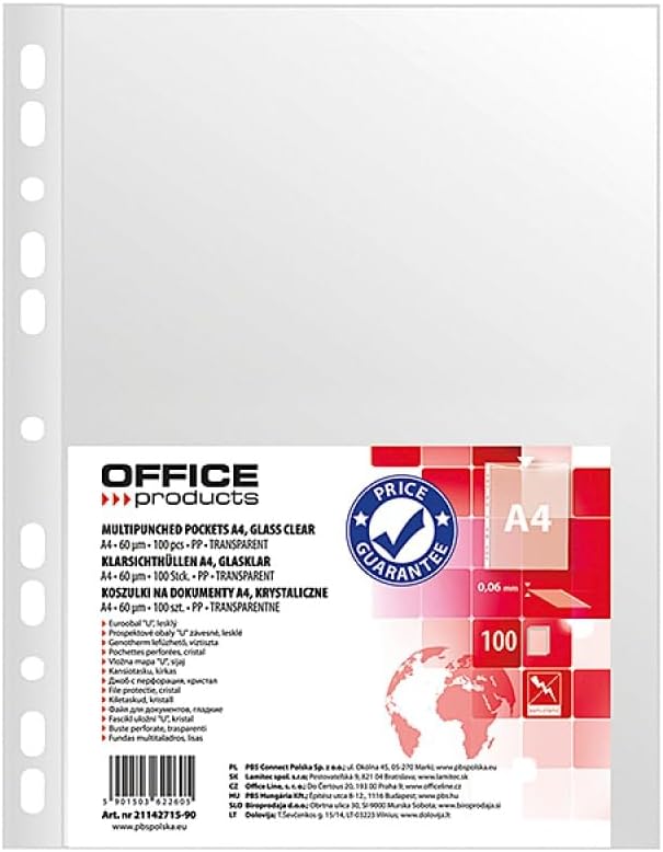Office Products Document Wallets/Transparent Pockets A4 / Pack of 100 / Open Top Transparent Pockets Perforated Plastic Cover/Transparent 60 Micron/Reinforced Edge
