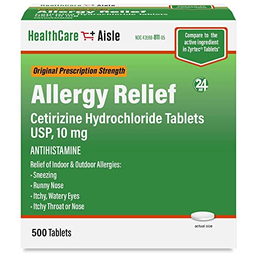 HealthCareAisle Allergy Relief - Cetirizine Hydrochloride Tablets USP, 10 mg â€“ 500 Tablets â€“ Original Prescription Strength Allergy Medication, 24-Hour Allergy Relief