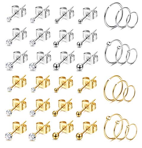 Jstyle 18 Pairs Stainless Steel Tiny Stud Earrings For Womens Hoops Earrings Set Tragus Cartilage Piercing Jewlry Silver&Gold Tone