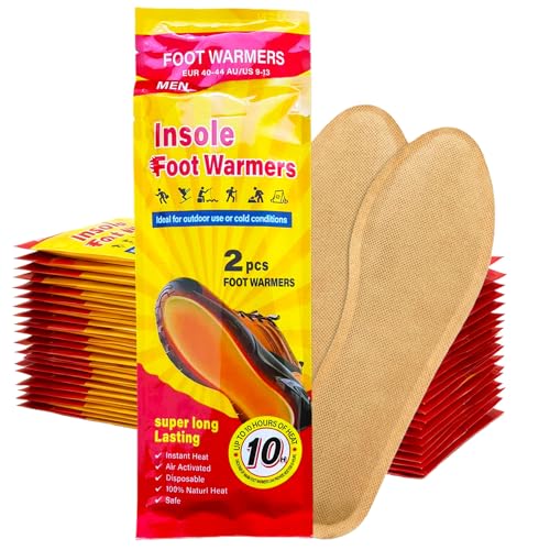 Plantillas térmicas para zapatos, 20 pares de calentadores de suela para 8 h pies calientes, activado por aire, calentadores de zapatos extra cálidos para zapatos y botas de esquí (40-44 EU)