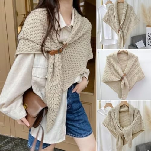 LONGLUAN Knitted Triangle Shawl with Leather Buckle, Vintage Knitted Shawl Triangle, Knitted Shawl Wraps for Women2
