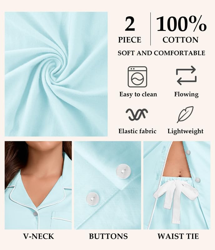 Image of CF 100% Cotton Pajamas for Women Set 2 Piece Short Sleeve Tops and Long Pants Comfy Well-Fitted Loungewear Set Pj Sets