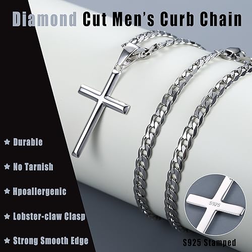 Besteel 925 Sterling Silver Cross Necklace Beveled Edge for Men Women 5mm Stainless Steel Diamond Cut Durable Cuban Link Curb Chain Crucifix Pendant Necklace Jewelry 16-30 Inches4