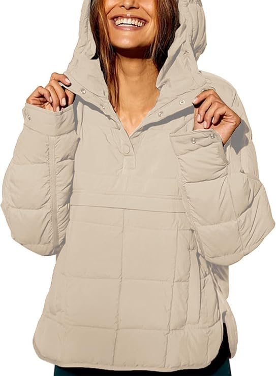 Women's Quilted Pullover Puffer Jacket Lightweight Long Sleeve Padded Hooded Oversize Warm Winter Coat Tops