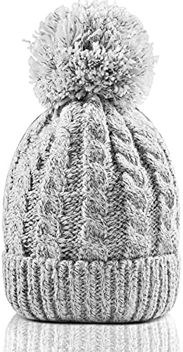 Women's Winter Beanie Warm Fleece Lining - Thick Slouchy Cable Knit Skull Hat Ski Cap Grey