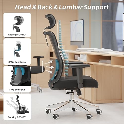 Image of Ergonomic Office Chair with Adjustable Lumbar Support & Flip-Up Armrests - High Back Computer Desk Chair with Thickened Seat Cushion, Rolling Wheels for Home /Office Study Work (05black)